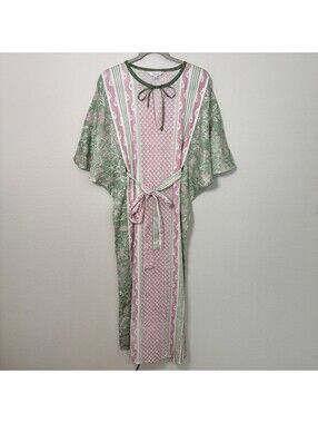 D’Ascoli X The Company Store Kaftan Maxi Dress Green Pink 100% Cotton Size S/M